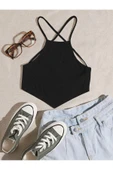 Halter Yaka Sırtı Açık Çapraz Askılı Bağcıklı Siyah Renk Fitilli Crop Top Bluz - 1