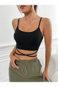 Yuvarlak Yaka Askılı Çapraz Bağcıklı Siyah Renk Fitilli Crop Top Bluz - 5