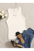 Beyaz Renk Bisiklet Yaka Düz Desensiz Likralı Fitilli Kaşkorse Regular Fit Bluz - 1