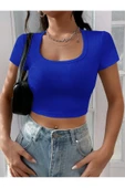 Kare Yaka Mavi Renk Fitilli Kısa Kollu Slim Fit Crop Top Bluz - 1