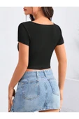 Geniş U Yaka Siyah Renk Fitilli Kısa Kollu Slim Fit Crop Top Bluz - 2