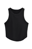 Kadın Oval Etekli Siyah Renk Bisiklet Yaka Crop Top Bluz - 1
