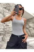 Kadın U Yaka Askılı Gri Melanj Crop Bluz - 3