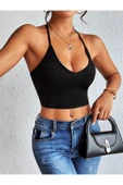 Siyah Renk U Yaka Düz Desensiz Likralı İnce Askılı Fitilli Kaşkorse Fit Crop Top Bluz - 5