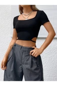 Balerin Yaka Siyah Renk Fitilli Kısa Kollu Slim Fit Crop Top Bluz - 4