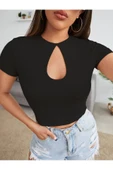 Degaje Bisiklet Yaka Siyah Renk Fitilli Kısa Kollu Slim Fit Crop Top Bluz - 1