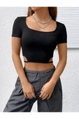 Balerin Yaka Siyah Renk Fitilli Kısa Kollu Slim Fit Crop Top Bluz - 1