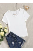 V Yaka Beyaz Renk Fitilli Kısa Kollu Slim Fit Crop Top Bluz - 1