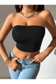 Kadın Siyah Straplez Crop Top Bluz - 2