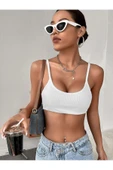 Kadın Beyaz Renk Sırtı Açık Ipli Sütyen Stil Super Crop Mini Büstiyer - 5