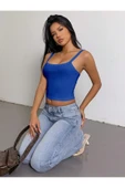 Mavi Renk Kalın Askılı Düz Desensiz Likralı Kaşkorse Fitilli Crop Top Bluz - 5