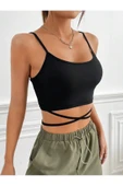 Yuvarlak Yaka Askılı Çapraz Bağcıklı Siyah Renk Fitilli Crop Top Bluz - 1