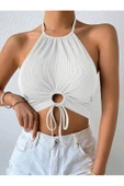 Halter Yaka Bağlamalı Büzgülü Beyaz Renk Fitilli Crop Top Bluz - 5