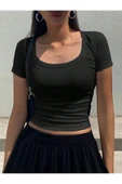 U Yaka Siyah Renk Fitilli Kısa Kollu Slim Fit Crop Top Bluz - 4