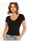 V Yaka Siyah Renk Fitilli Kısa Kollu Slim Fit Crop Top Bluz - 1