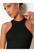 Siyah Renk Halter Yaka Düz Desensiz Likralı Fitilli Kaşkorse Regular Fit Bluz - 5