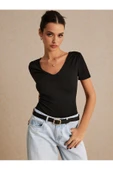 V Yaka Sırtı Açık İpli Siyah Renk Fitilli Kısa Kollu Slim Fit Crop Top Bluz - 2