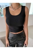 Siyah Renk Kalın Askılı Kare Yaka Düz Desensiz Fitilli Likralı Kaşkorse Crop Top Bluz - 1