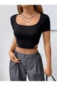 Balerin Yaka Siyah Renk Fitilli Kısa Kollu Slim Fit Crop Top Bluz - 5