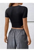 Balerin Yaka Siyah Renk Fitilli Kısa Kollu Slim Fit Crop Top Bluz - 2