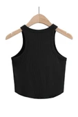Kadın Oval Etekli Siyah Renk Bisiklet Yaka Crop Top Bluz - 2