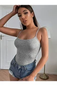 Kadın Gri Melanj Geniş Yaka Askılı Crop Atlet - 3