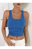 Kalın Askılı U Yaka Mavi Renk Fitilli Crop Top Bluz - 1