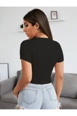 Degaje Bisiklet Yaka Siyah Renk Fitilli Kısa Kollu Slim Fit Crop Top Bluz - 2