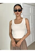 Beyaz Renk Kalın Askılı Kare Yaka Düz Desensiz Fitilli Likralı Kaşkorse Crop Top Bluz - 1