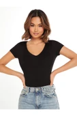 V Yaka Siyah Renk Fitilli Kısa Kollu Slim Fit Crop Top Bluz - 3