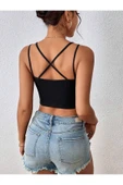 Havuz Yaka Çapraz Askılı Siyah Renk Fitilli Crop Top Bluz thumbnail 2