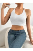 U Yaka Boyun Askılı Beyaz Renk Fitilli Crop Top Büstiyer - 6
