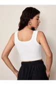 U Yaka Askılı Beyaz Renk Fitilli Crop Top Büstiyer - 3