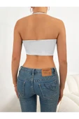 U Yaka Boyun Askılı Beyaz Renk Fitilli Crop Top Büstiyer - 2