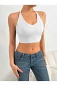 U Yaka Boyun Askılı Beyaz Renk Fitilli Crop Top Büstiyer - 4