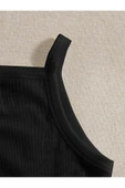 Düz Yaka Askılı Siyah Renk Fitilli Crop Top Büstiyer - 3