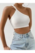 Asimetrik Yaka Beyaz Renk Desensiz Fitilli Kolsuz Tek Omuz Askılı Likralı Fit Crop Büstiyer - 8