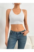 U Yaka Boyun Askılı Beyaz Renk Fitilli Crop Top Büstiyer - 3