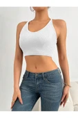 U Yaka Boyun Askılı Beyaz Renk Fitilli Crop Top Büstiyer - 5