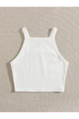 Düz Yaka Askılı Beyaz Fitilli Crop Top Büstiyer - 2