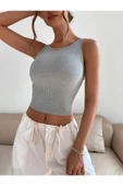 Kadın Gri Melanj Bisiklet Yaka Çapraz Askılı Crop Top Büstiyer - 4