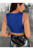 Kadın Mavi Bisiklet Yaka Asimetrik Crop Top Büstiyer - 2