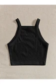 Düz Yaka Askılı Siyah Renk Fitilli Crop Top Büstiyer - 2