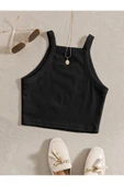 Düz Yaka Askılı Siyah Renk Fitilli Crop Top Büstiyer - 1