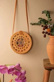 Denisa - Rattan El Yapımı Deri Askı Detaylı Hasır Yuvarlak Omuz Çantası - 3
