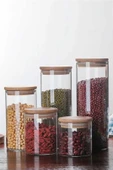 Donna - 3 Adet Bambu Vakum Kapaklı Borosilikat Cam Saklama Kabı 21 x 8,5 cm, Baharatlık 1.000 ml - 4