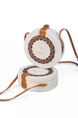 Daisy- Rattan El Yapımı Deri Askılı Hasır Yuvarlak Omuz Çantası Ekru Kahve - 1