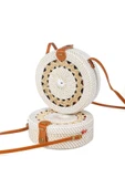 Daisy- Rattan El Yapımı Deri Askılı Hasır Yuvarlak Omuz Çantası Ekru Krem - 1