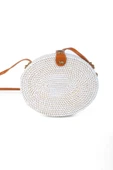 Fiona - Rattan El Yapımı Deri Askılı Hasır Oval Omuz Çantası Ekru - 3