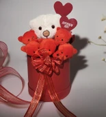 Premium Özel Hediye Kutuda  Beyaz Ayıcık ve  Kırmızı Peluş Ayıcık Buketi, Sevgiliye, Doğum Gününe Hediye - 5